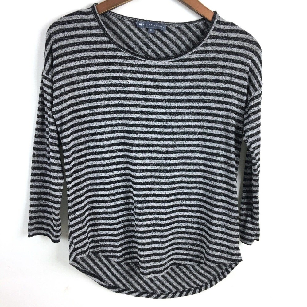 Elliott Lauren Womens Sweater Small Black Gray Striped 3/4 Sleeve Lightweight